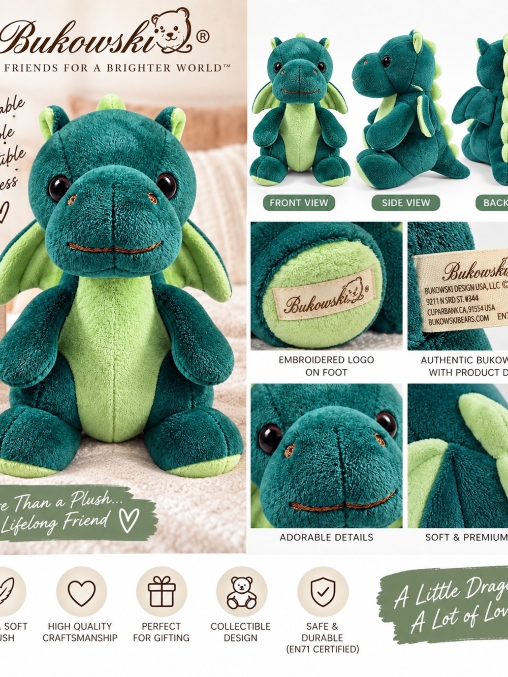 Teal & Lime Plush Dragon - Soft Stuffed Animal for Kids